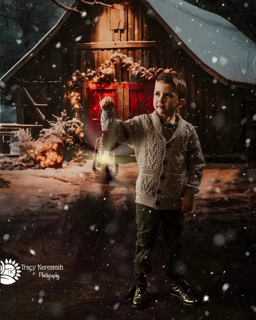 Kate Sweep Christmas Red Barn Night Backdrop for Photography