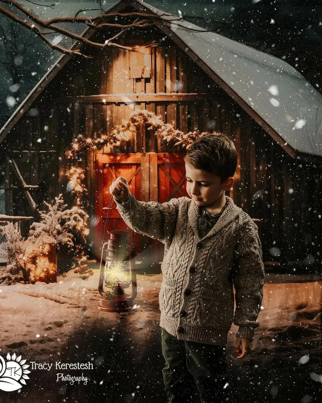 Kate Sweep Christmas Red Barn Night Backdrop for Photography