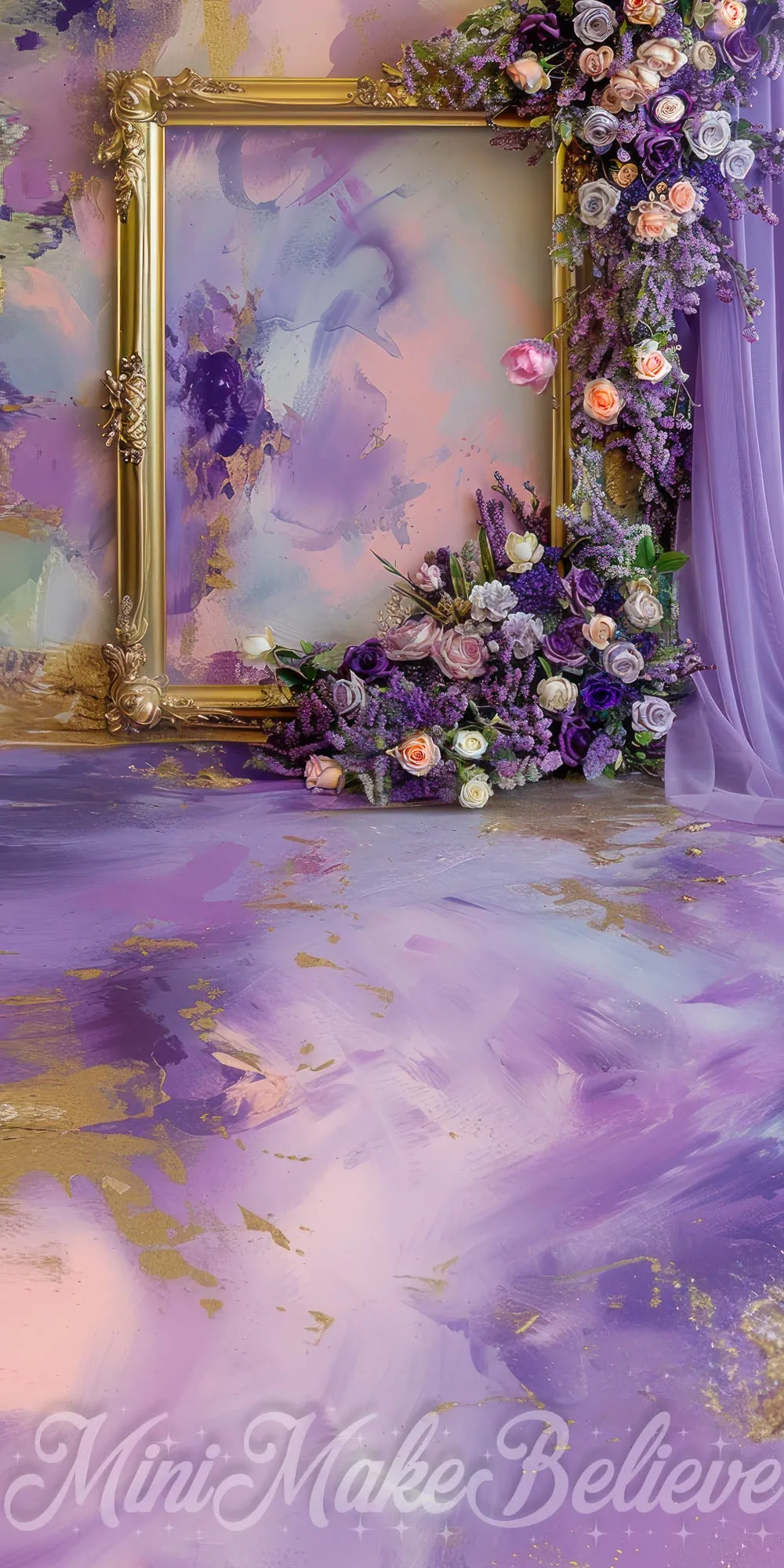 Kate Sweep Fine Art Flower Gold Frame Purple Curtain Designed by Mini MakeBelieve