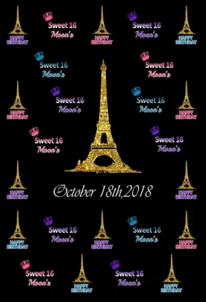 Kate Sweet Sixteen Birthday Black Backdrop with Golden Eiffel Tower Step and Repeat