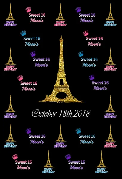 Kate Sweet Sixteen Birthday Black Backdrop with Golden Eiffel Tower Step and Repeat