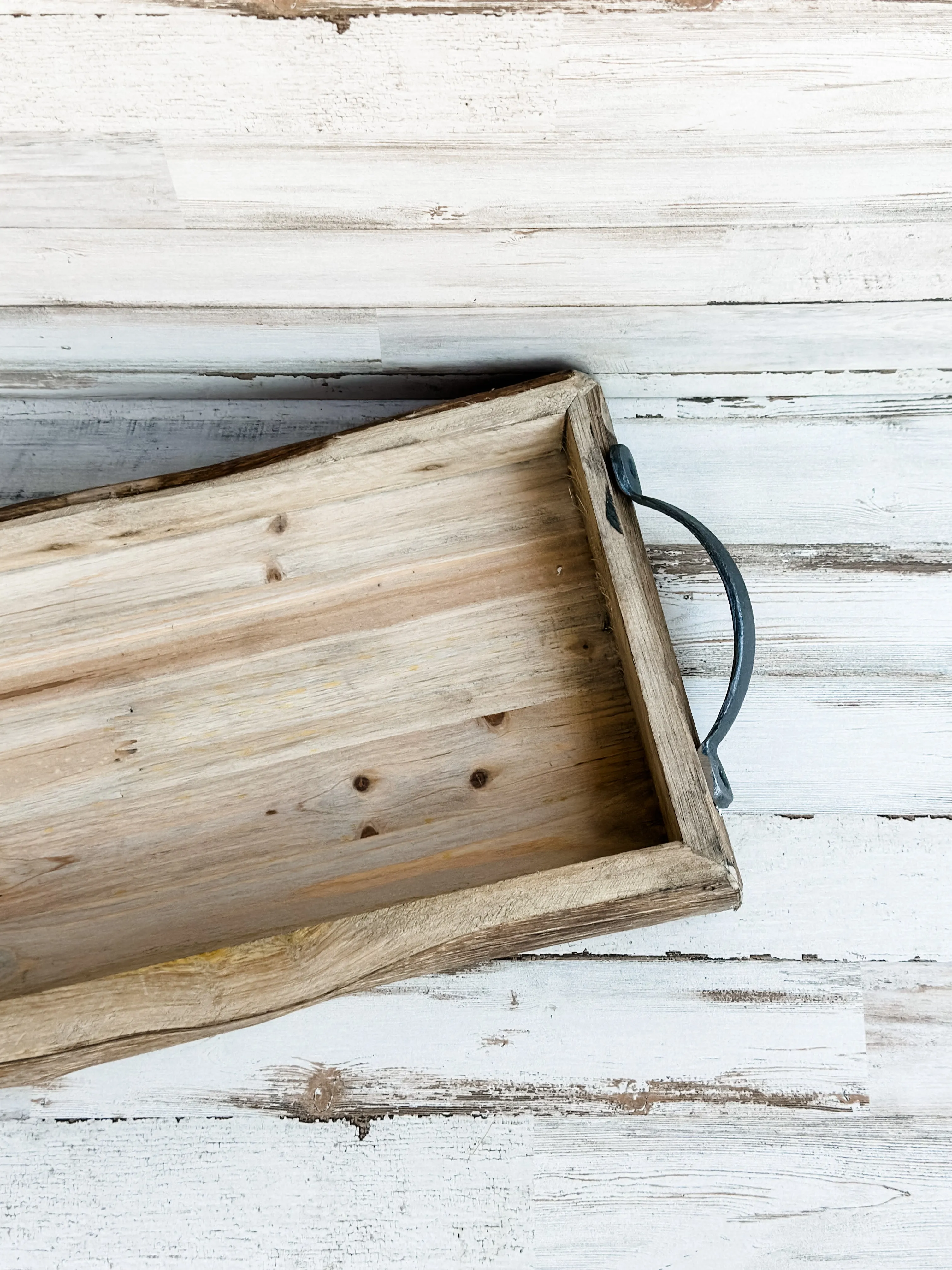 Long rustic wood bark tray with metal handles