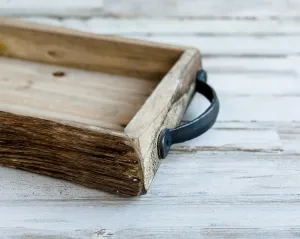 Long rustic wood bark tray with metal handles
