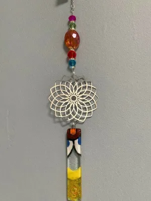 Mandala hanging decoration. Hand made fused glass ornament. Colorful gift. Colorful