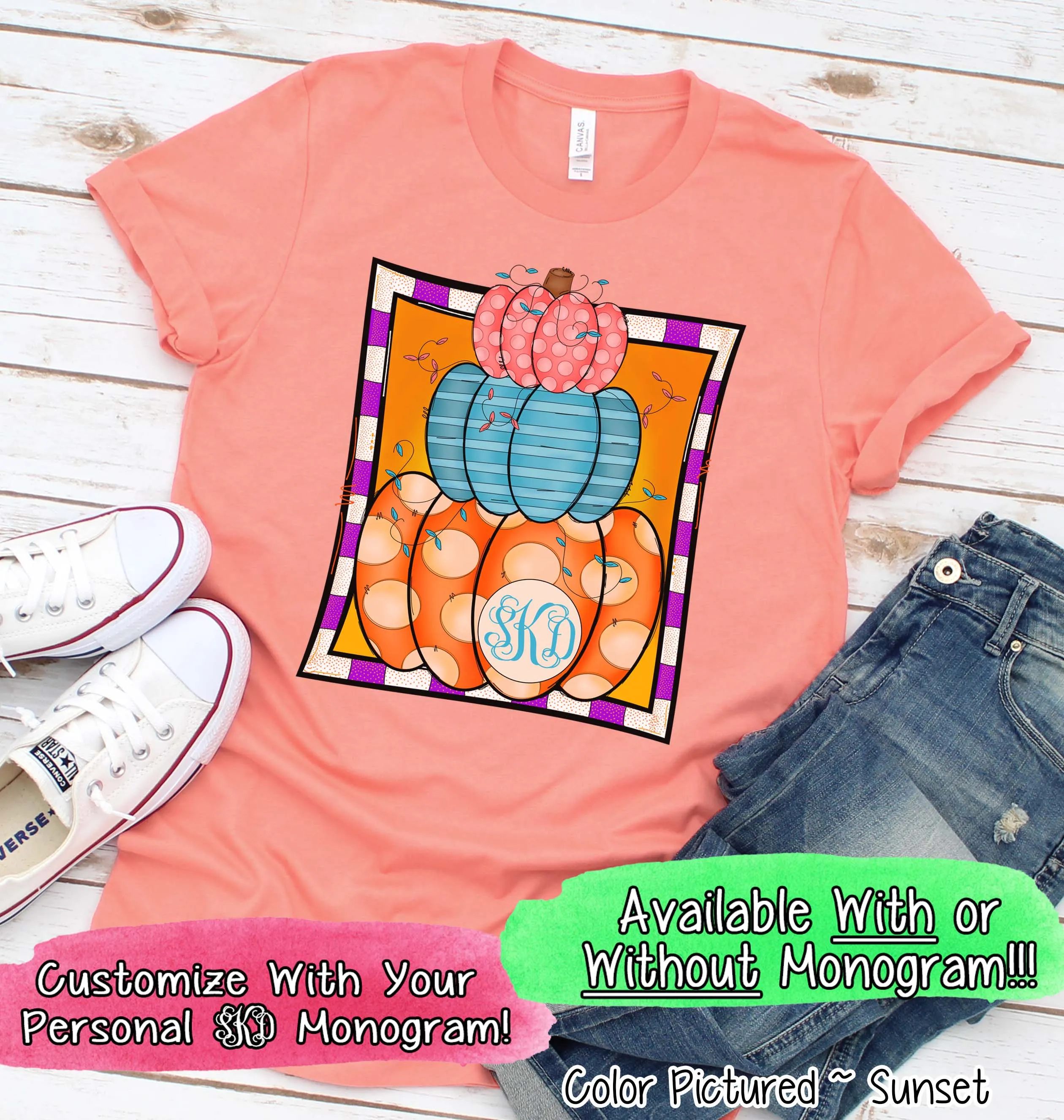 Monogram Colorful Pumpkin Stack Fall Tee