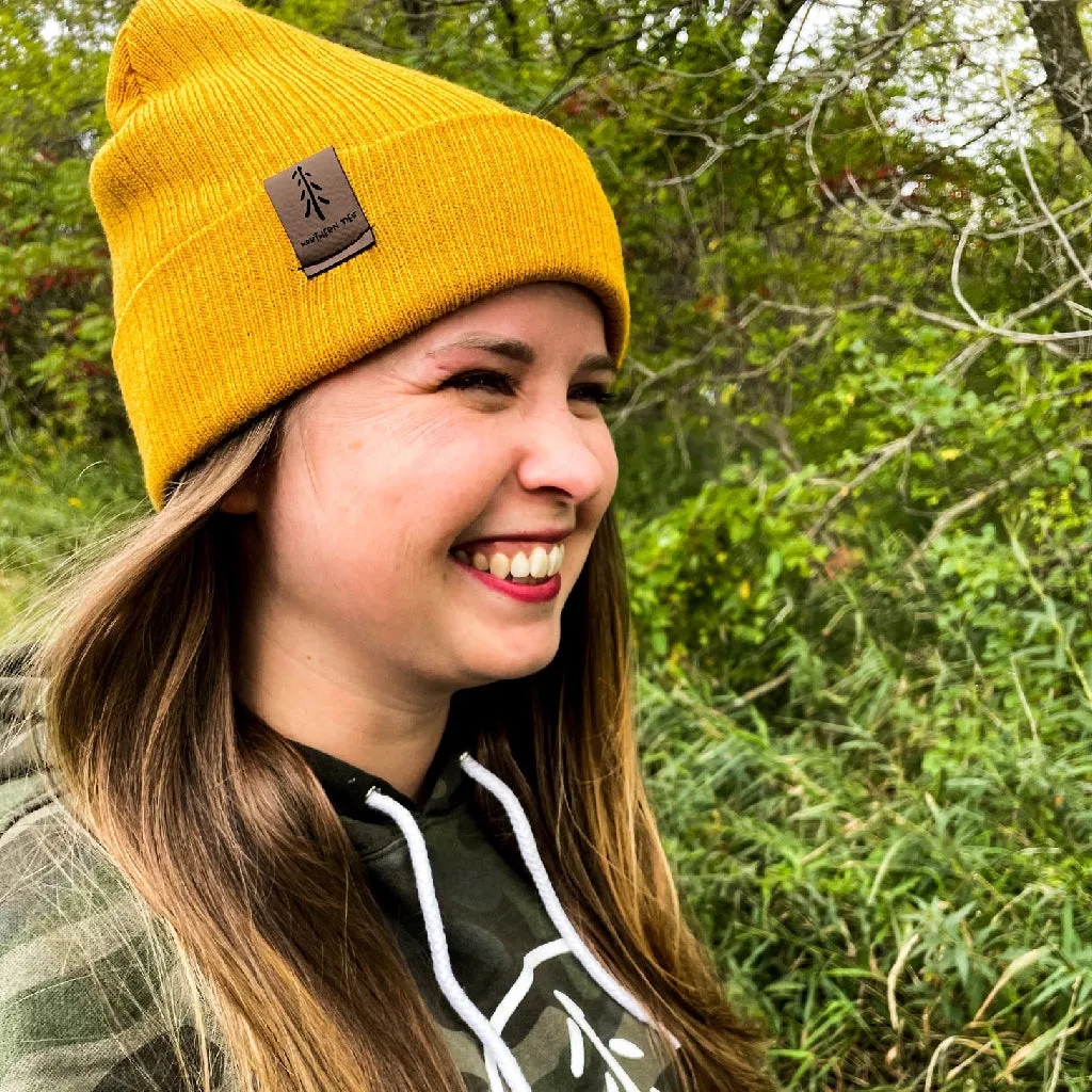 Narrow Ribbed Beanie with Leather Tab