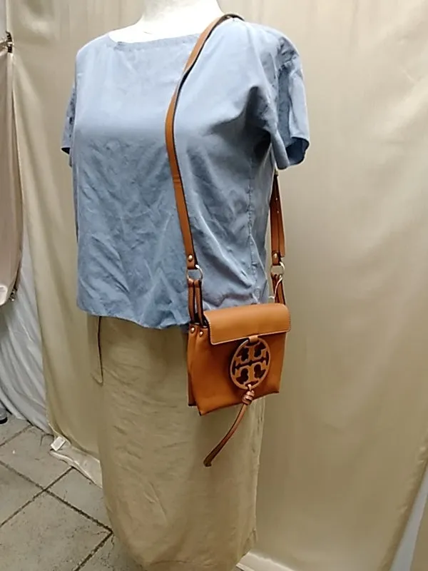 New TORY BURCH Miller Brown Crossbody Shoulder Bag Leather Camello