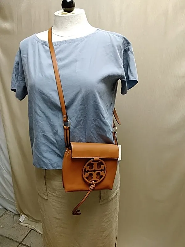 New TORY BURCH Miller Brown Crossbody Shoulder Bag Leather Camello