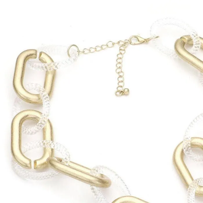 Open Oval Clear Resin & Worn Gold Link Necklace Set