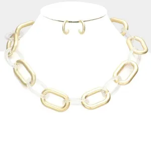 Open Oval Clear Resin & Worn Gold Link Necklace Set