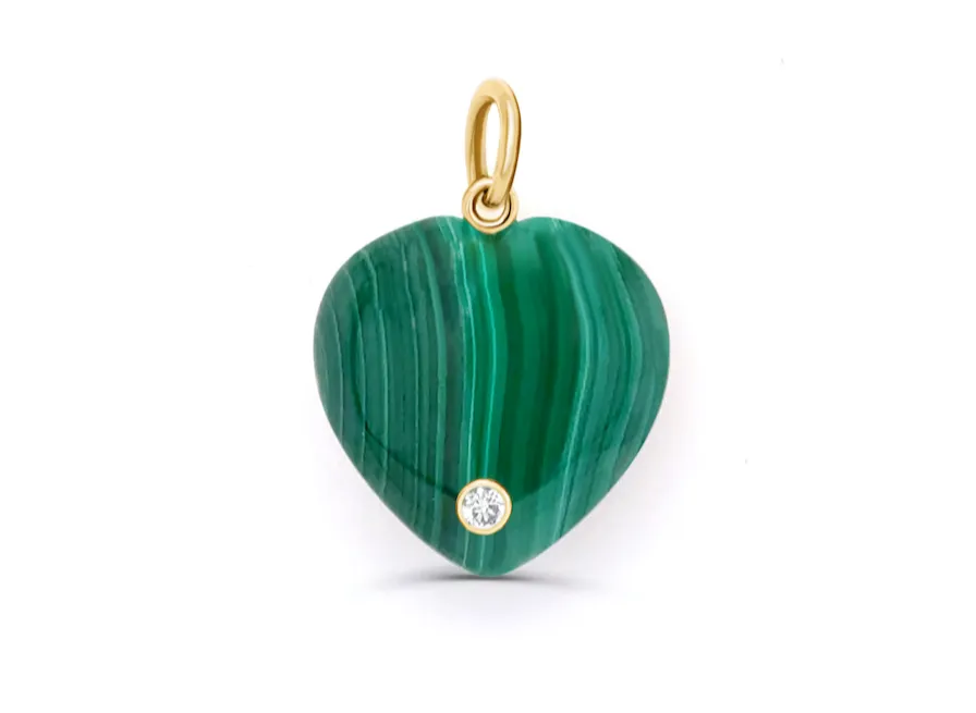 Pendant 14k Gold Malachite Heart & Round Diamonds