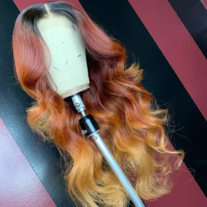 Peruvian Hair Black Root Dark Copper Red Lace Front Wig