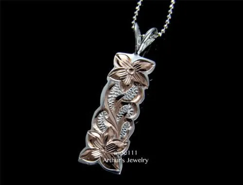 PINK 2T SILVER 925 HAWAIIAN PLUMERIA FLOWER QUEEN SCROLL VERTICAL PENDANT 10MM