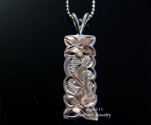 PINK 2T SILVER 925 HAWAIIAN PLUMERIA FLOWER QUEEN SCROLL VERTICAL PENDANT 10MM