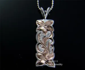 PINK 2T SILVER 925 HAWAIIAN PLUMERIA FLOWER QUEEN SCROLL VERTICAL PENDANT 10MM