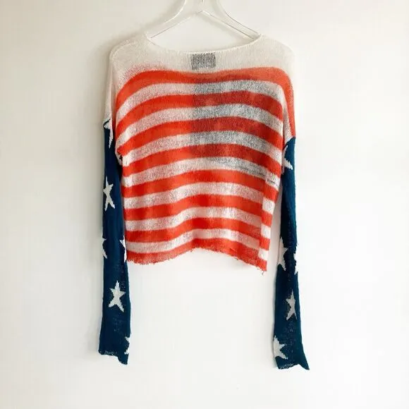 PLS READ Wildfox Medium American Flag Sweater Pullover Cropped Stars Striped