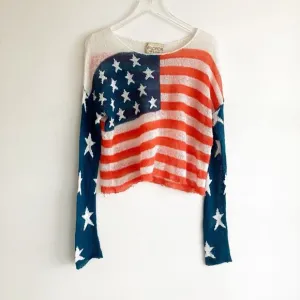 PLS READ Wildfox Medium American Flag Sweater Pullover Cropped Stars Striped