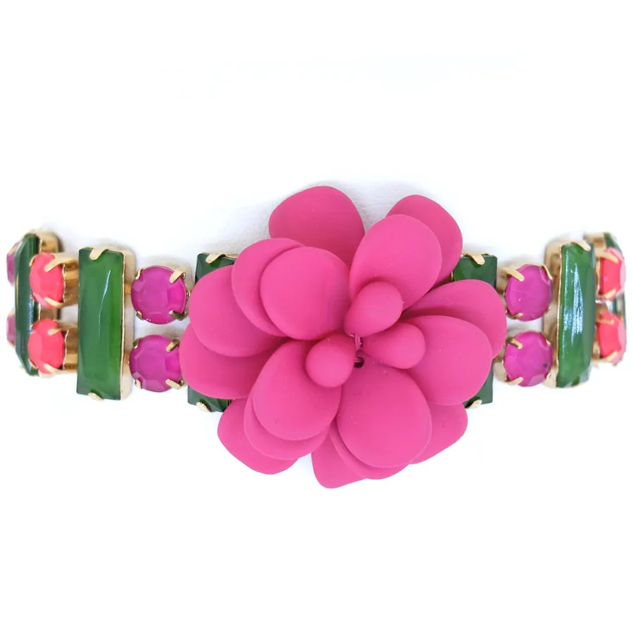 "La Dolce Vita" Hibiscus Sicilian Bougainvillea Hot Pink Bracelet with Hand Painted Resin Stones