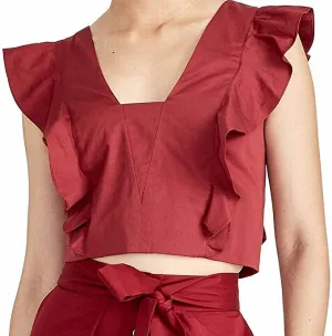 RACHEL Rachel Roy Marica Cropped Ruffled Top-L-Black Cherry