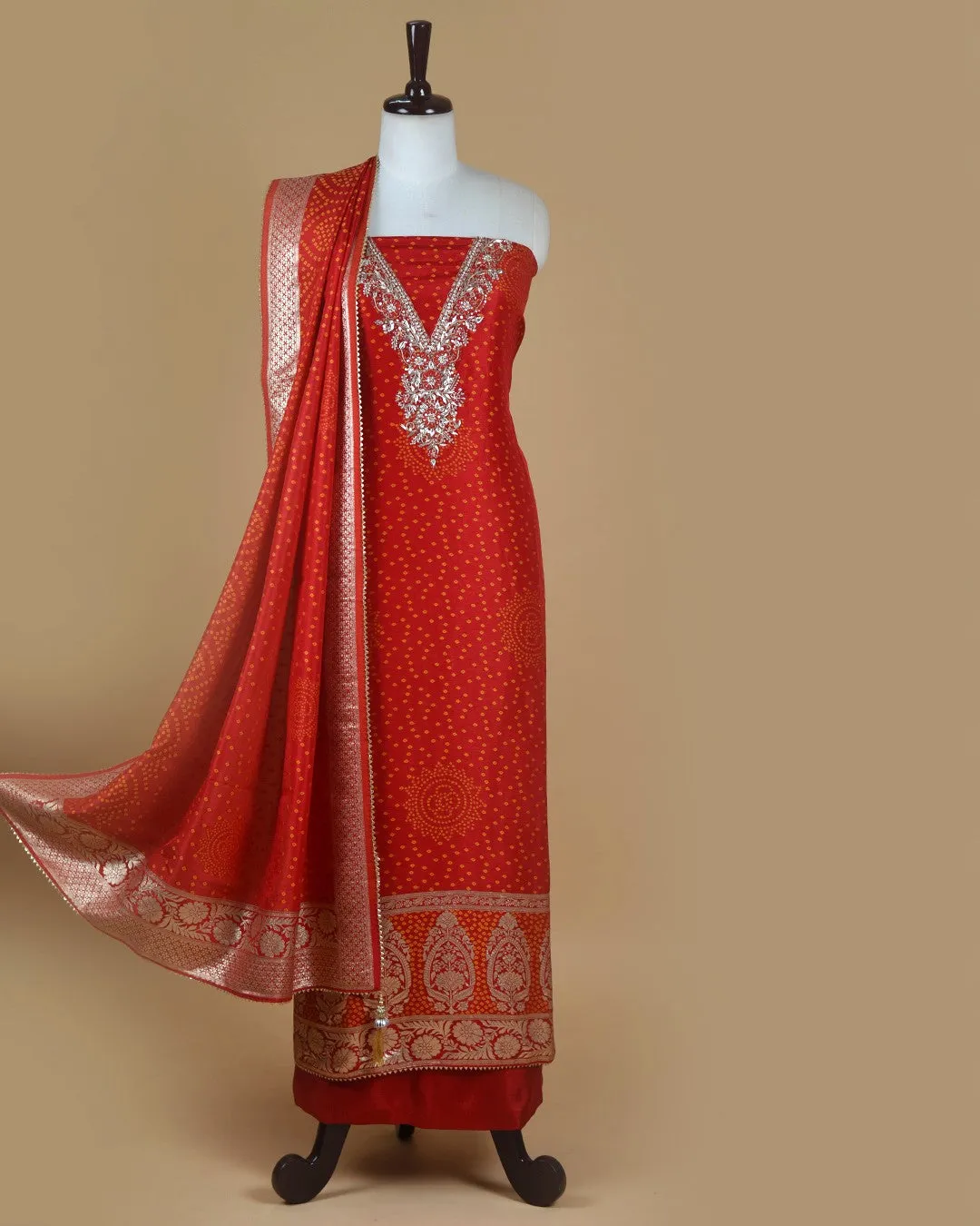 Red Silk Viscose Woven With Embroidery Unstitched Suit Fabric Set WIth Silk Banarasi Woven Dupatta