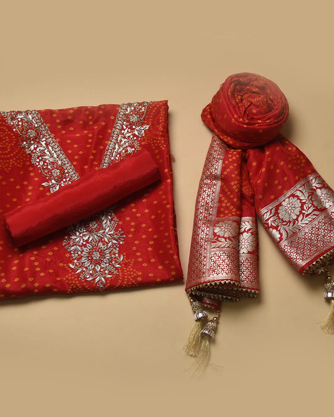 Red Silk Viscose Woven With Embroidery Unstitched Suit Fabric Set WIth Silk Banarasi Woven Dupatta