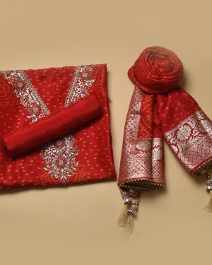 Red Silk Viscose Woven With Embroidery Unstitched Suit Fabric Set WIth Silk Banarasi Woven Dupatta