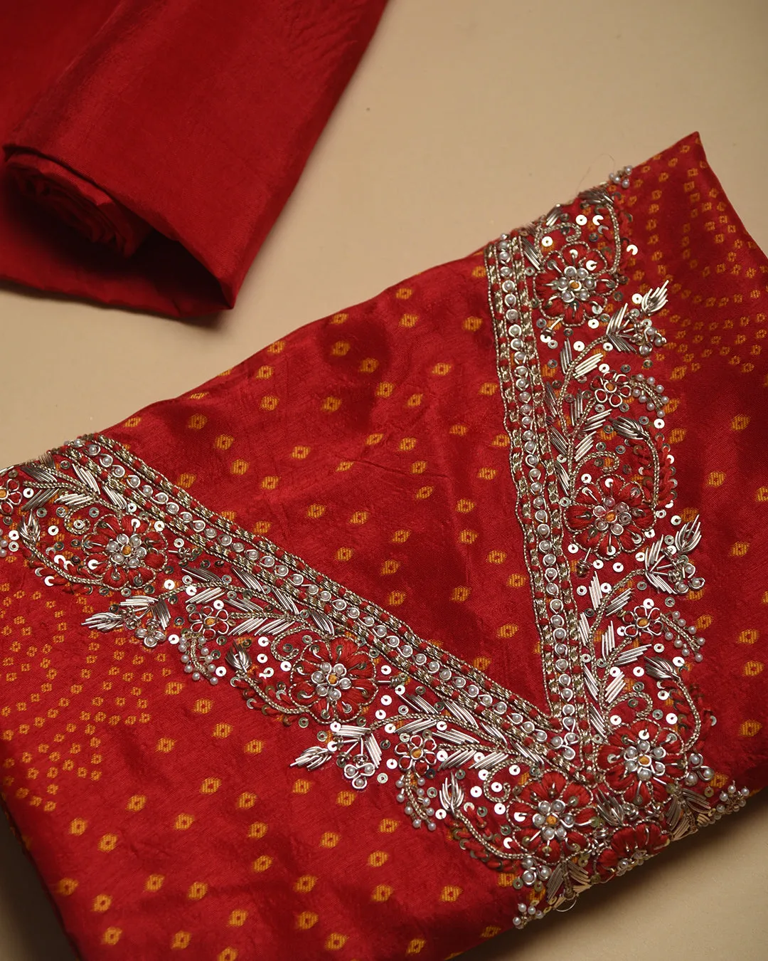 Red Silk Viscose Woven With Embroidery Unstitched Suit Fabric Set WIth Silk Banarasi Woven Dupatta