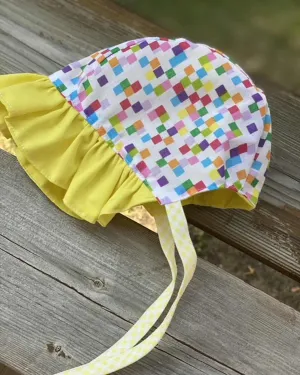 Ruffle Bonnet - Yellow & Colorful Squares