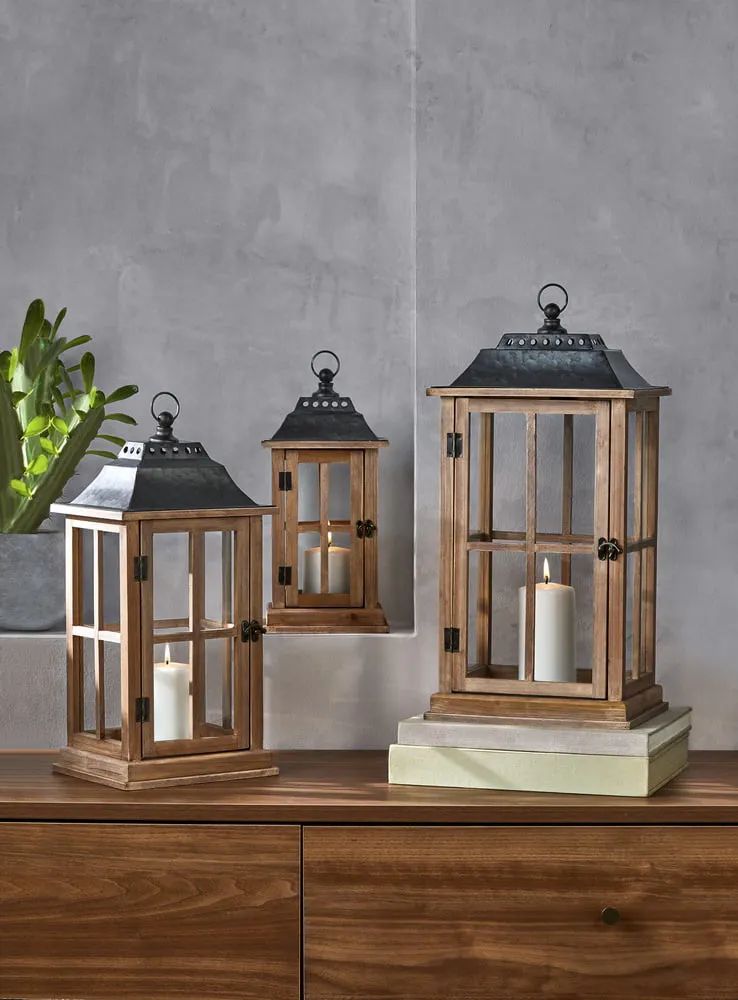 Rustic Wood Candle Holder Lantern, Medium
