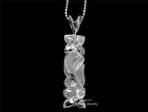 SILVER 925 HAWAIIAN PLUMERIA FLOWER PRINCESS SCROLL VERTICAL PENDANT 8MM