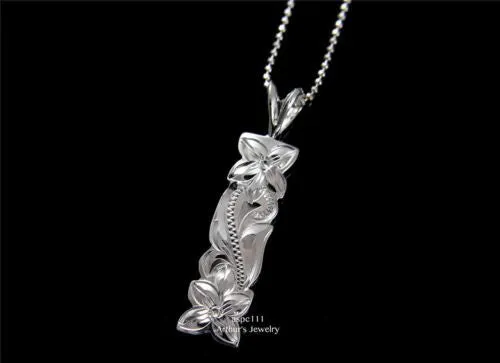 SILVER 925 HAWAIIAN PLUMERIA FLOWER PRINCESS SCROLL VERTICAL PENDANT 8MM