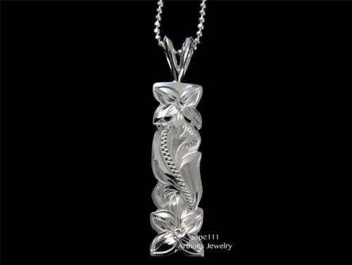 SILVER 925 HAWAIIAN PLUMERIA FLOWER PRINCESS SCROLL VERTICAL PENDANT 8MM