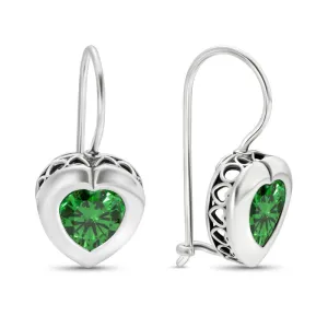 Silver Drop Earrings with 7-Facet Green Zirconia Heart