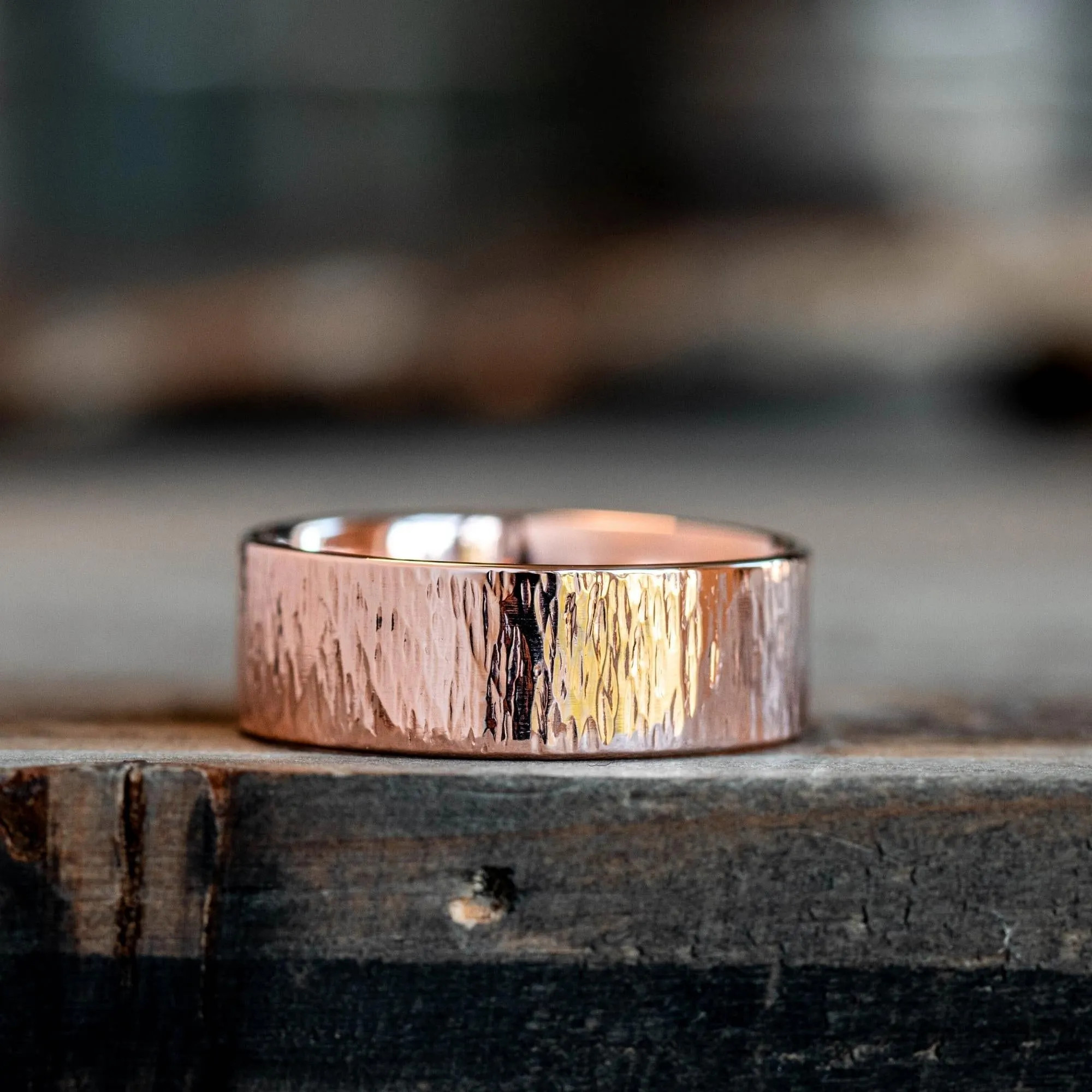 The Alder | Men's Tree Bark Textured Rose Gold Wedding Band