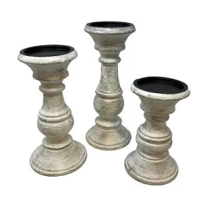 Traditional Rustic White/Goldwashed Wooden Pillar Candle Holders (Set of 3)