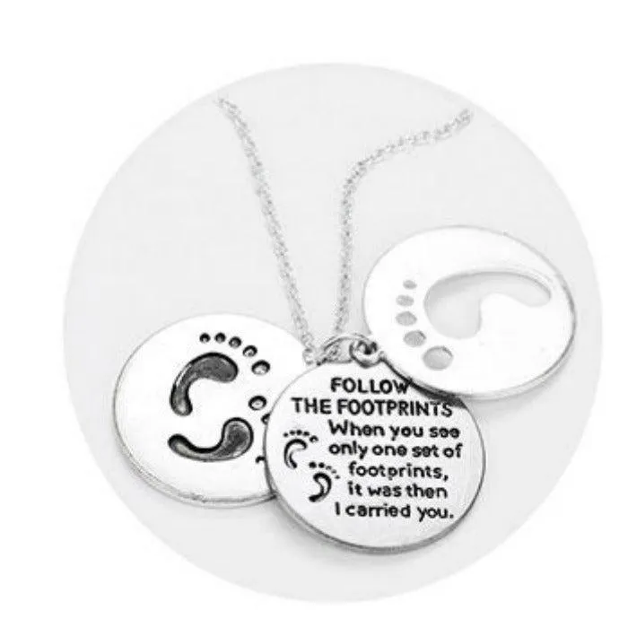 Triple Circle Abalone Message Footprint Worn Silver Pendant Necklace