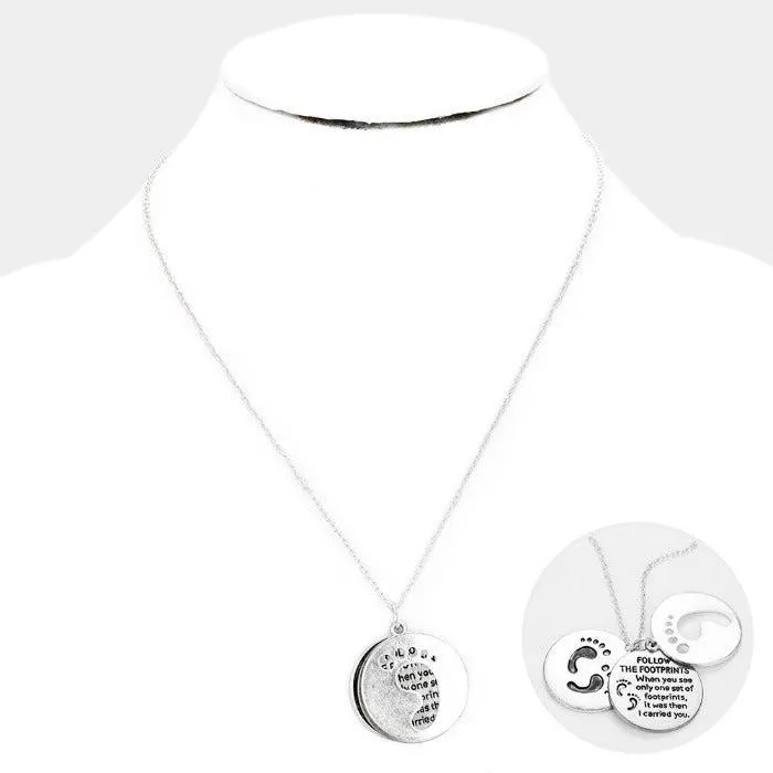 Triple Circle Abalone Message Footprint Worn Silver Pendant Necklace