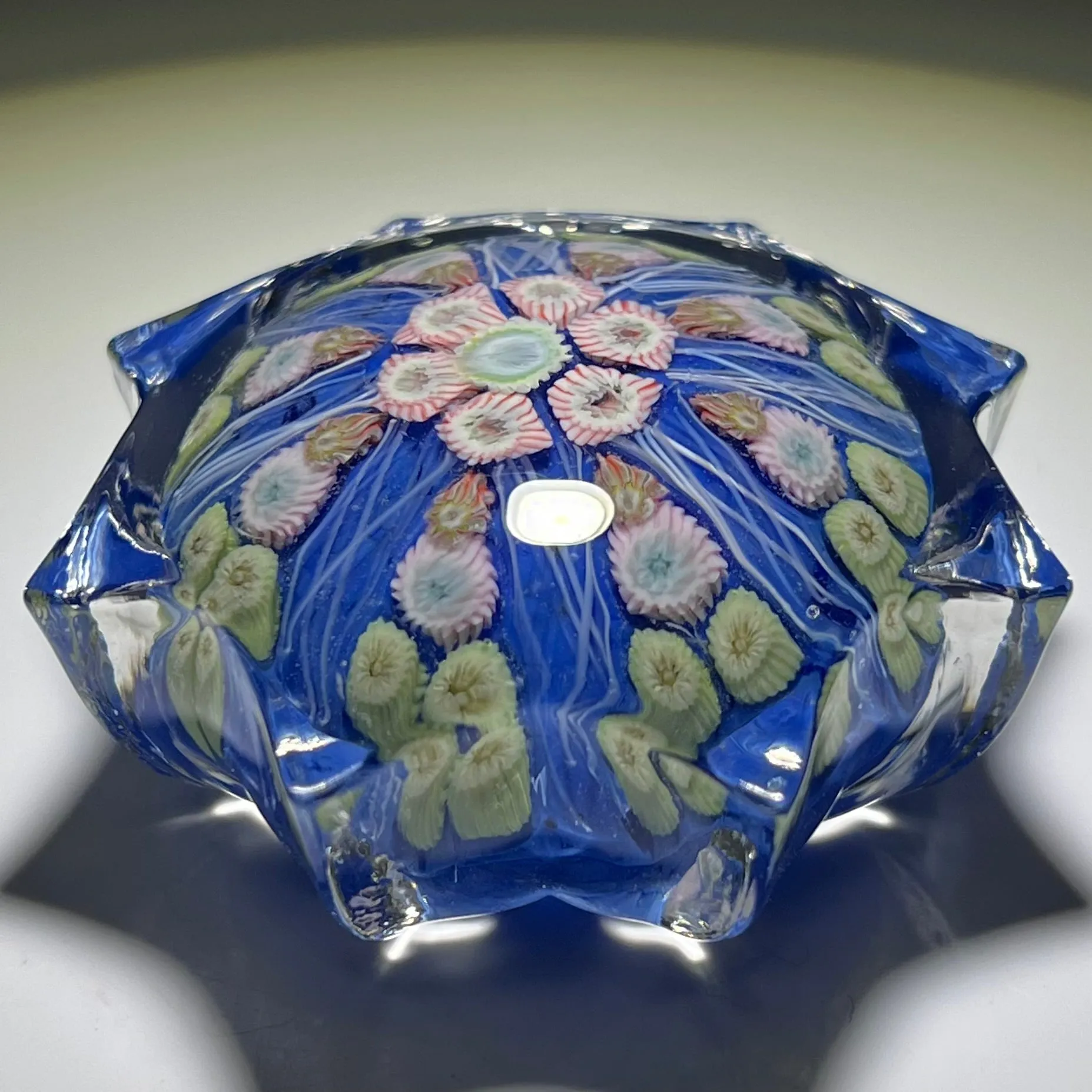 Vintage Strathearn Pressed Star Glass Art Paperweight with Paneled Millefiori on Blue Ground