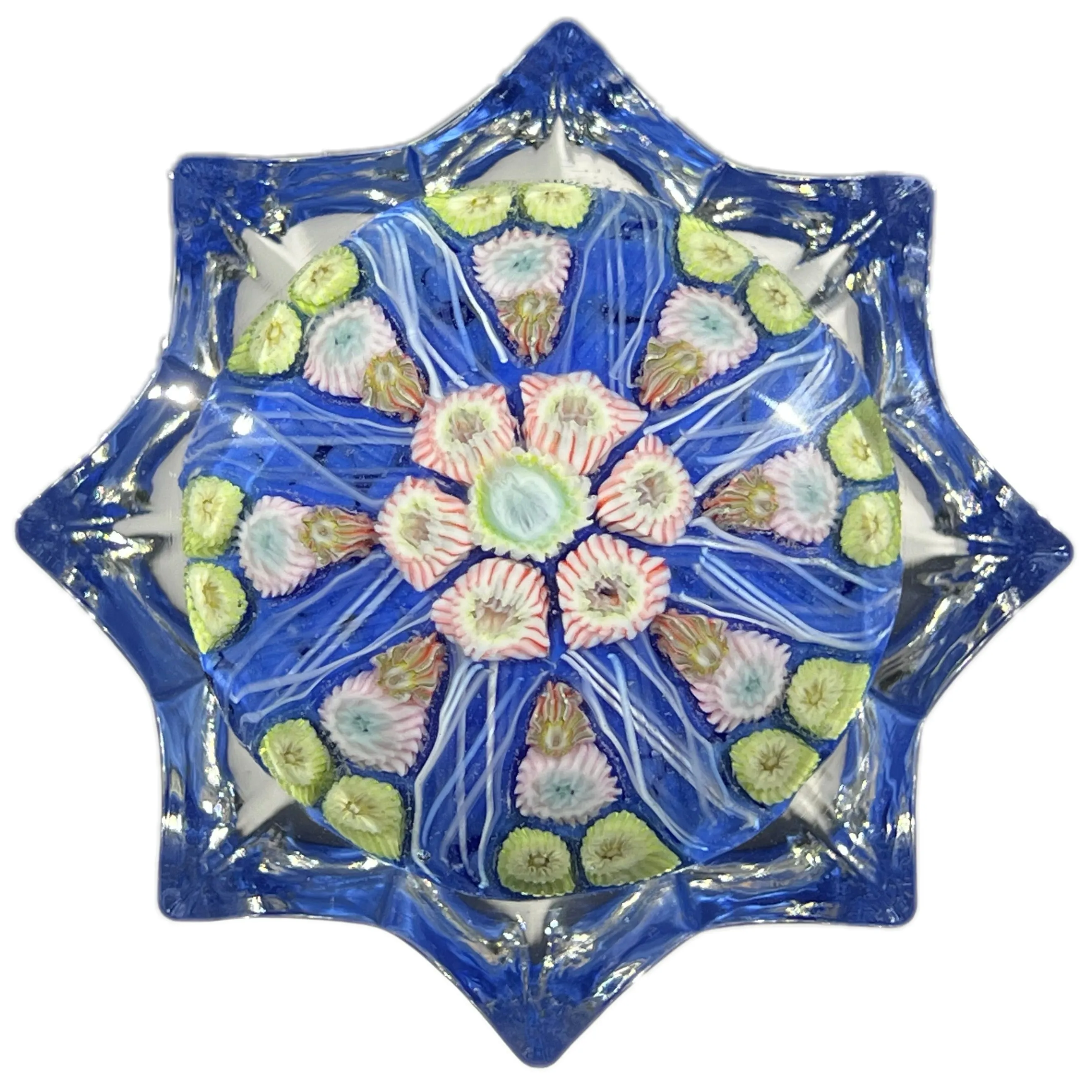 Vintage Strathearn Pressed Star Glass Art Paperweight with Paneled Millefiori on Blue Ground