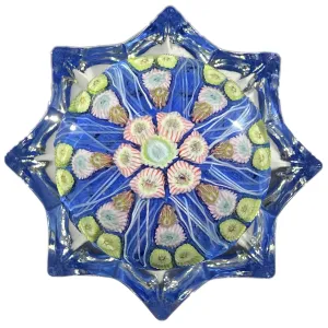Vintage Strathearn Pressed Star Glass Art Paperweight with Paneled Millefiori on Blue Ground
