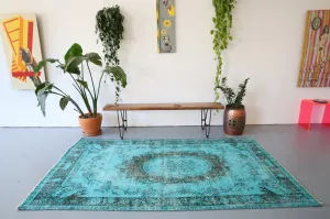 Vintage Turkish Overdyed Rug in Cyan 5.2ftx8.10ft