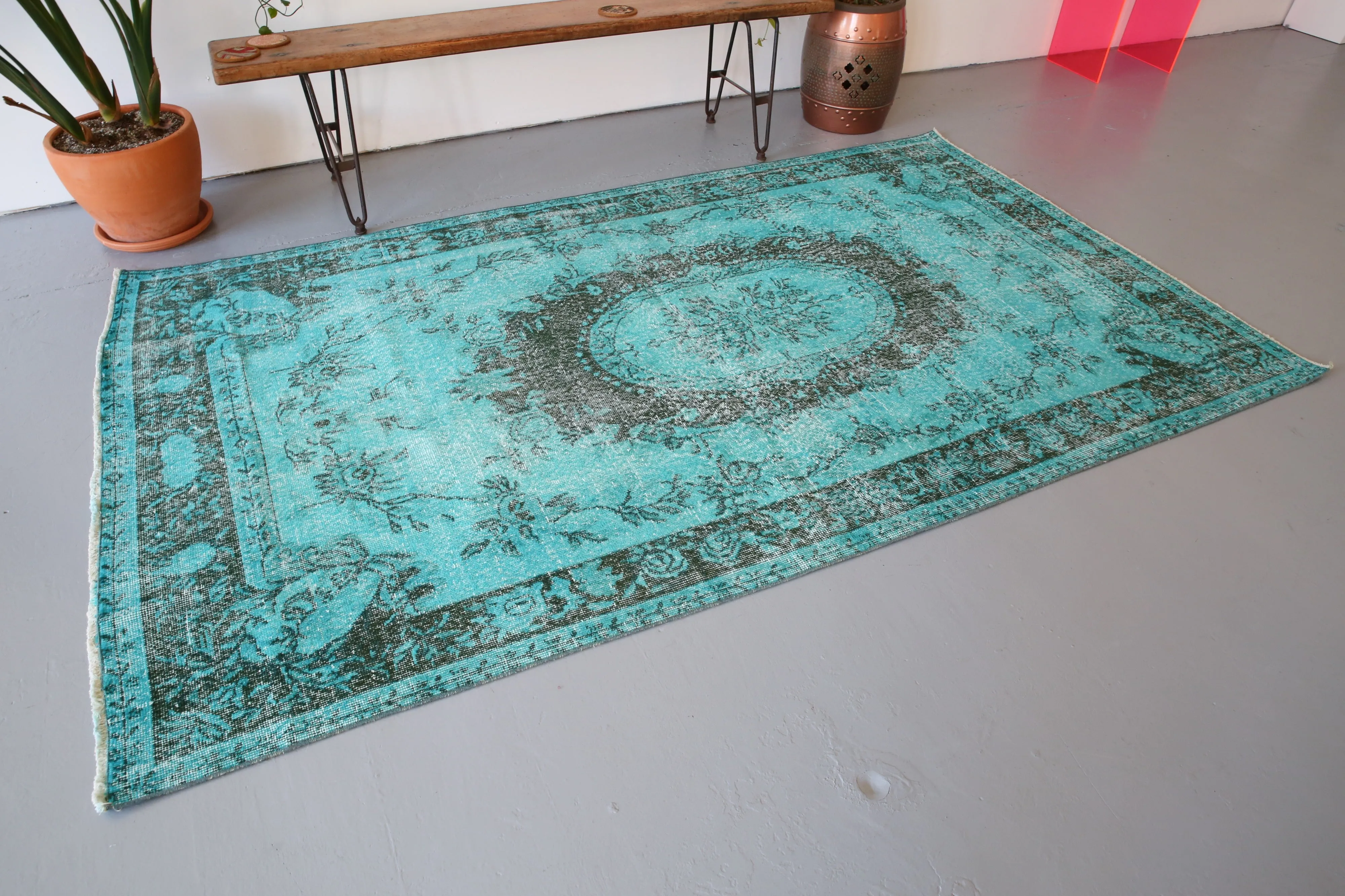 Vintage Turkish Overdyed Rug in Cyan 5.2ftx8.10ft
