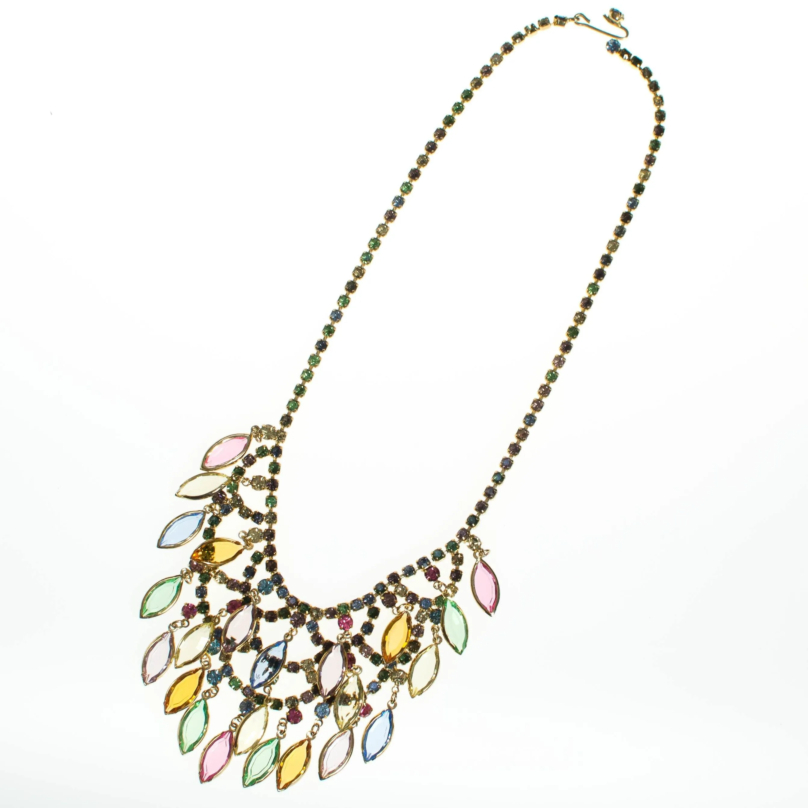 Vintage Waterfall Bib Necklace with Pastel Rhinestones