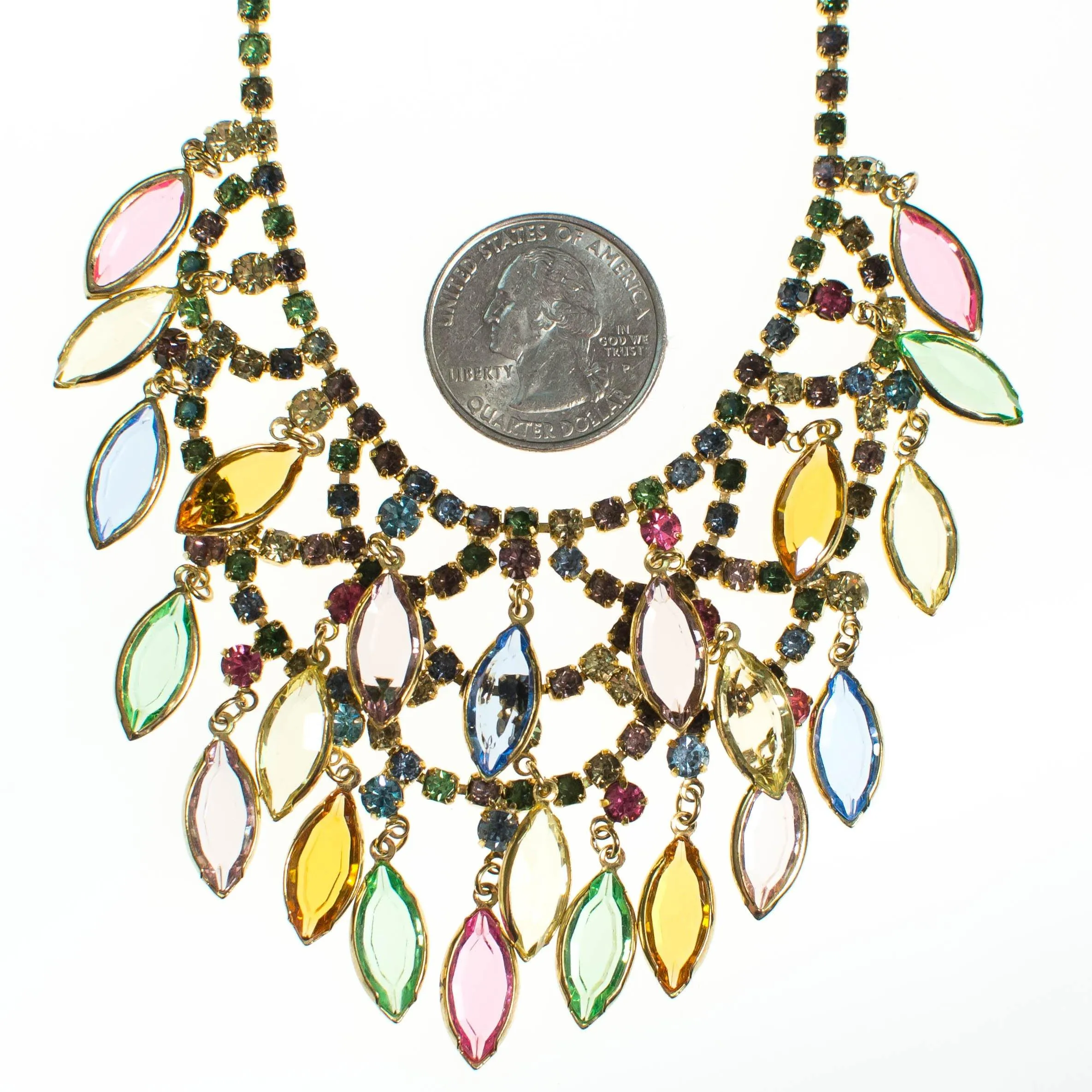 Vintage Waterfall Bib Necklace with Pastel Rhinestones