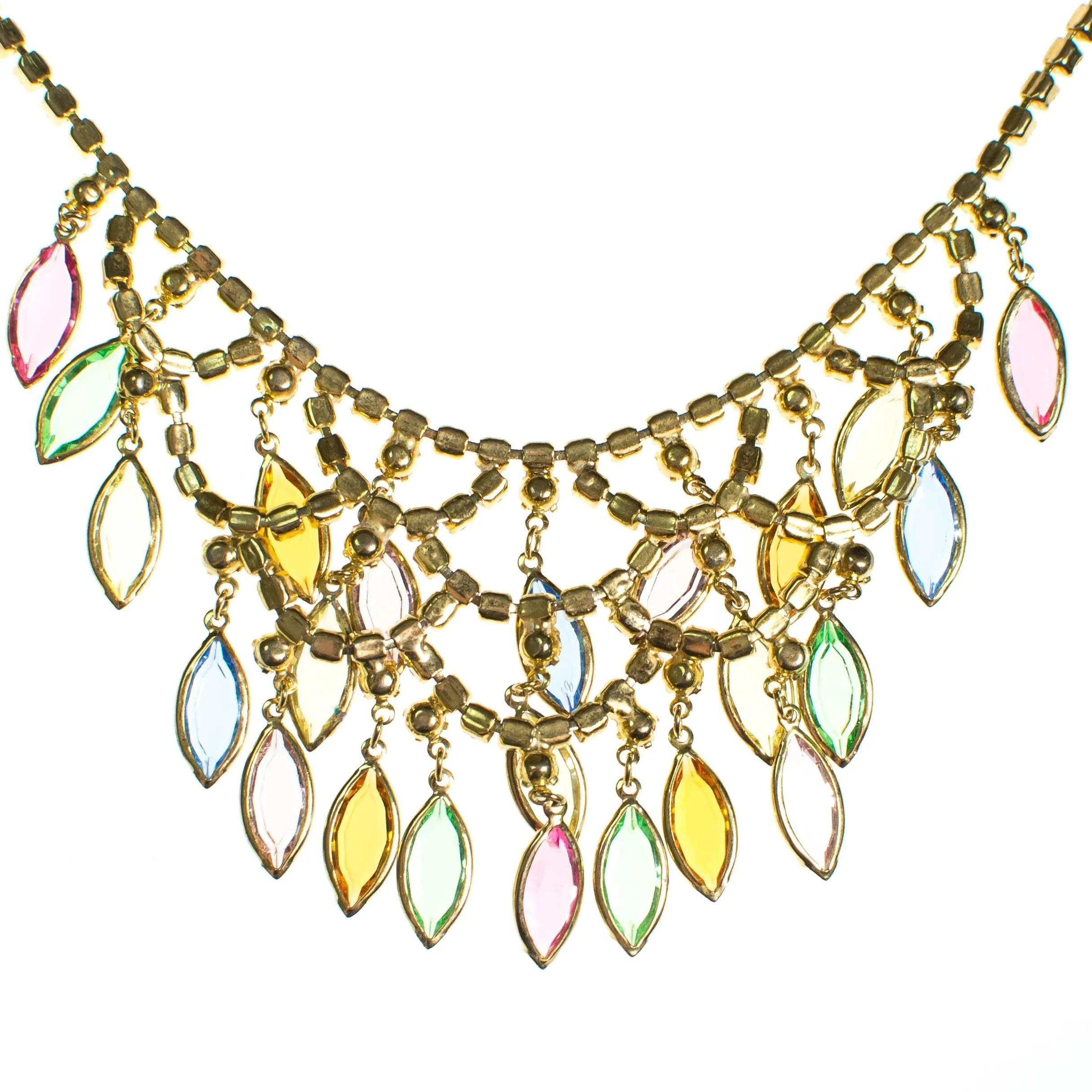 Vintage Waterfall Bib Necklace with Pastel Rhinestones