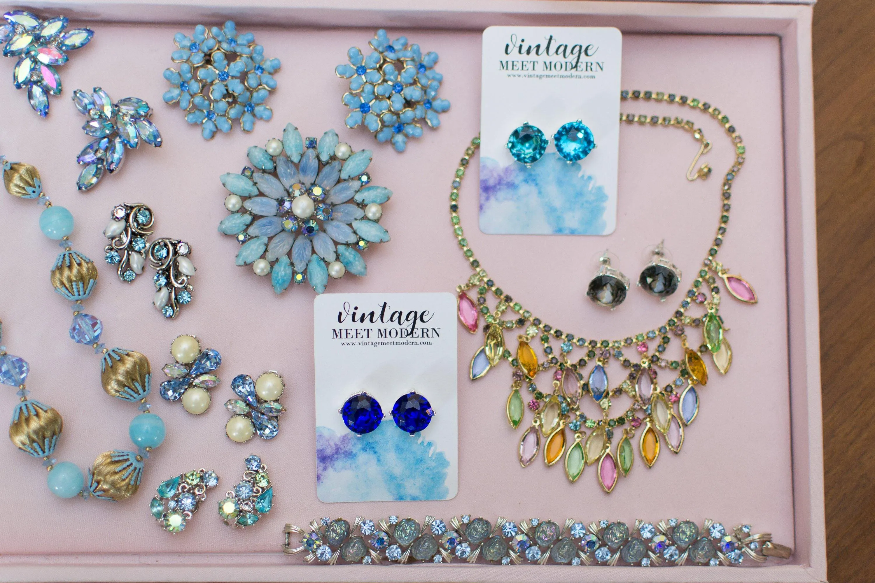 Vintage Waterfall Bib Necklace with Pastel Rhinestones
