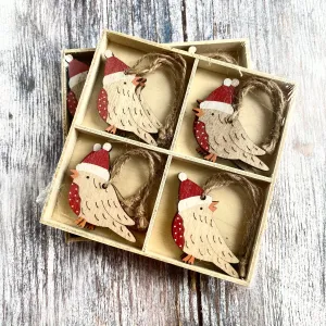 Wooden Robins with Christmas Hats (Set of 8)