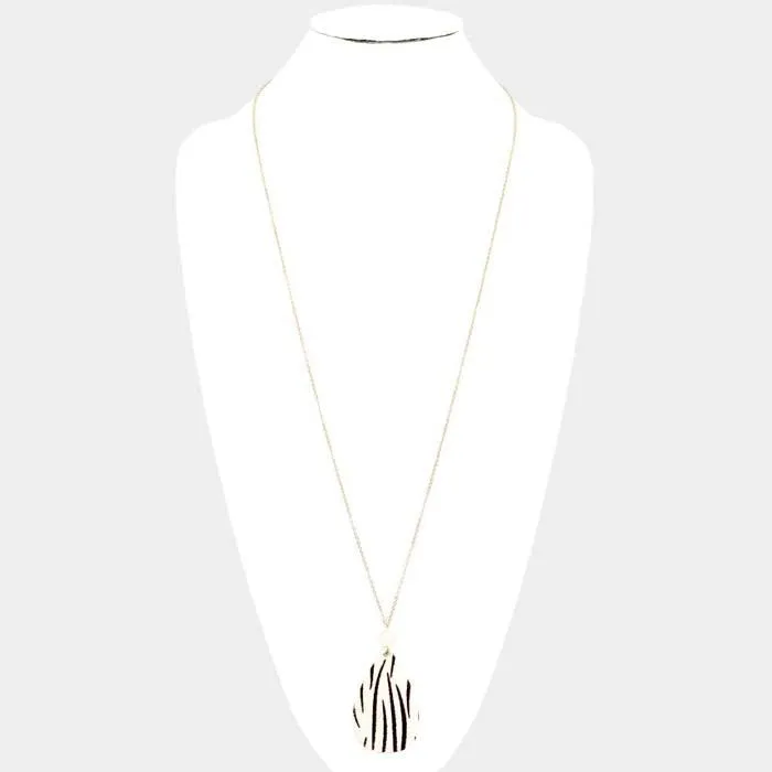 Zebra Patterned Teardrop Pendant Long Gold Necklace